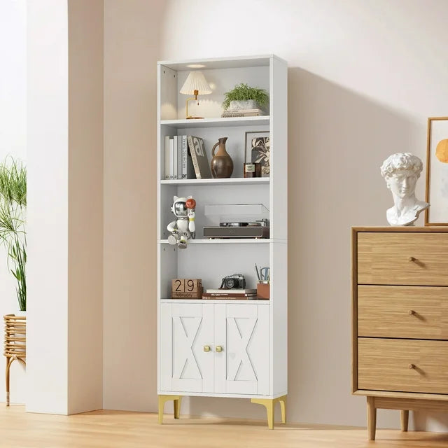 JOZ 5 Shelf Bookcase with Doors in White - Adjustable Feet Floor Standing Storage Cabinet for Home Office and Living Room 1 Piece