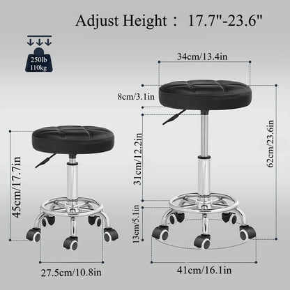 OUTMASTER Rolling Stool with Footrest PU Leather Height Adjustable for Home Salon Shop (Black)