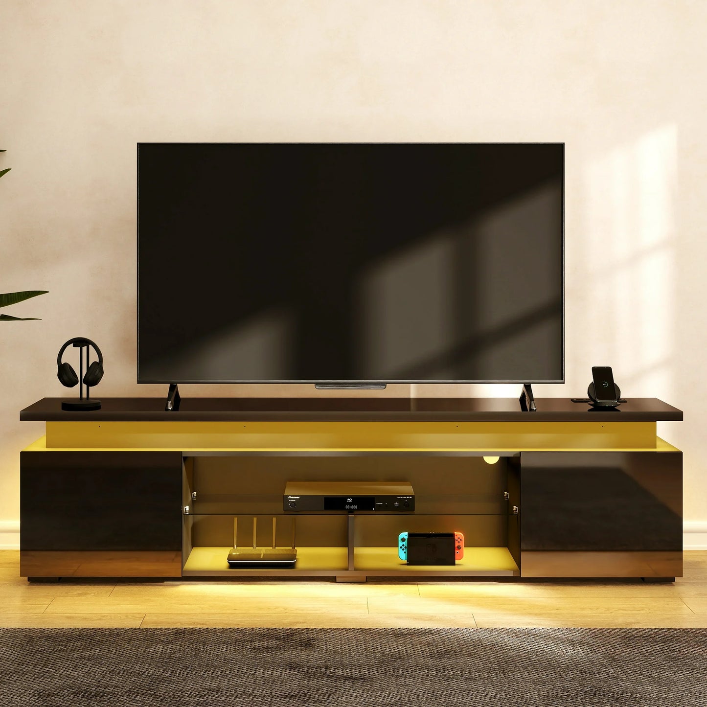 Anrist Modern TV Stand for 85 inch TVs with LED Lights Power Outlet Entertainment Center Media Console for Living Room,Black