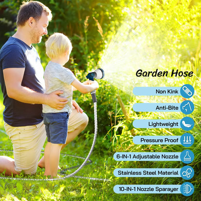 RELOIVE Metal Garden Hose 50ft, 304 Stainless Steel Garden Hose, Heavy Duty Water Hoses with 6 and 10 Function Hose Nozzle, Flexible, No Kink & Tangle, Puncture Proof Hose for Yard, Outdoors