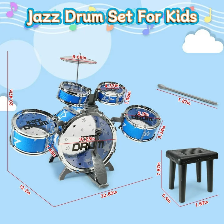 JUGAAD LIFE Kids Drum Set 10-Piece Beginners Jazz Drum Set with Stools, Toddler Toys for Boys Girls Kids 3-14 Years Old